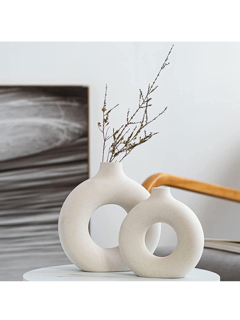Minimalist Cream Ceramic Donut Vase - Set of 2